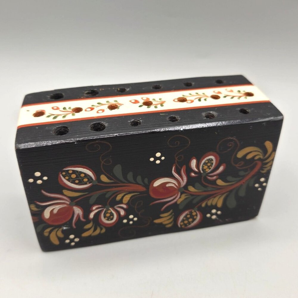 Rosemaling Decorated Wooden Floral Pencil Pen Holder Artist Signed